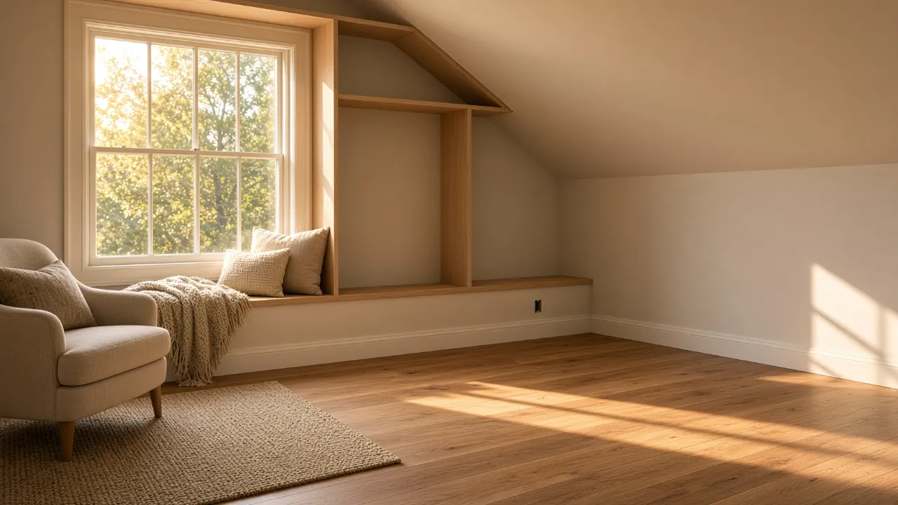 Finished attic room with built-in window seat remodeled in Connecticut