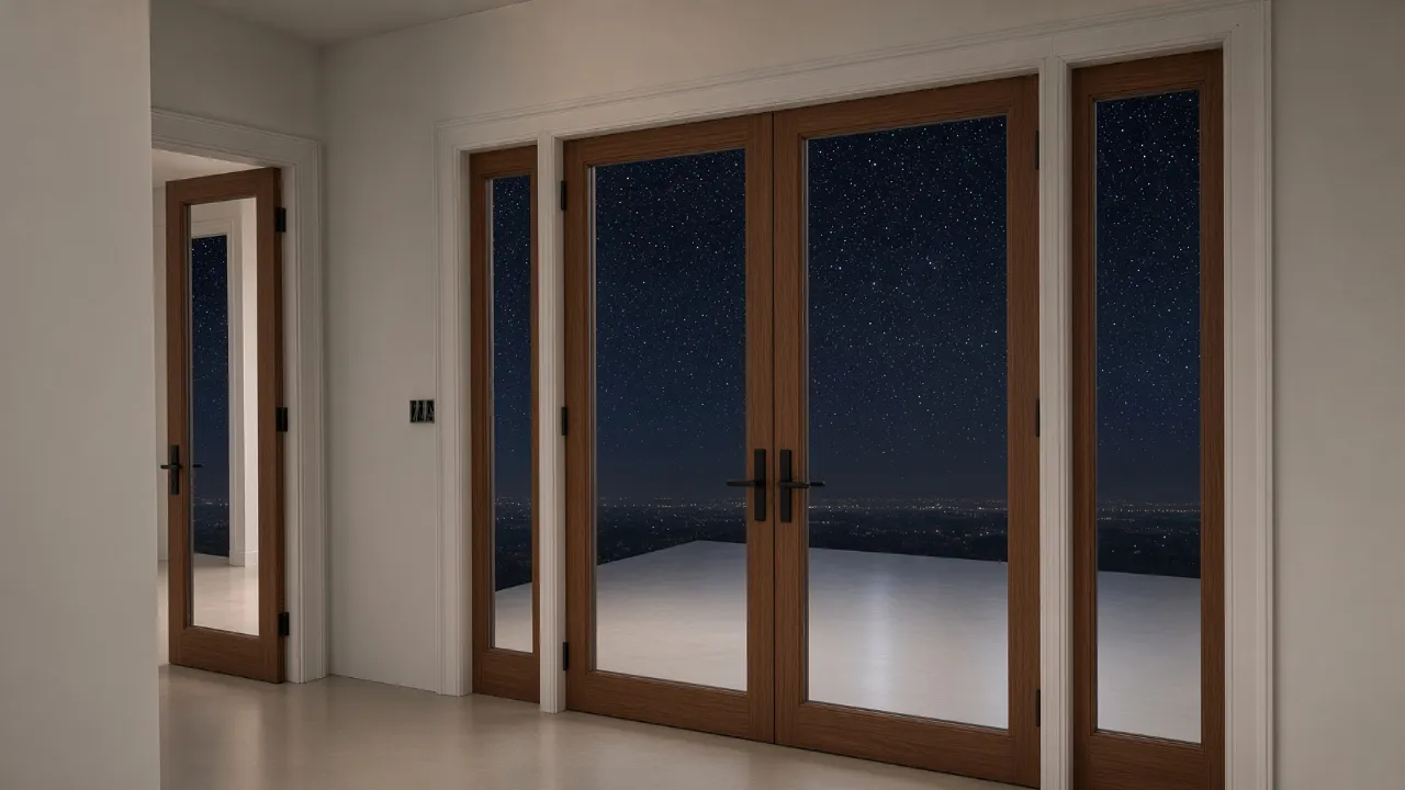 Glass French doors in a home at night in Brookfield, CT