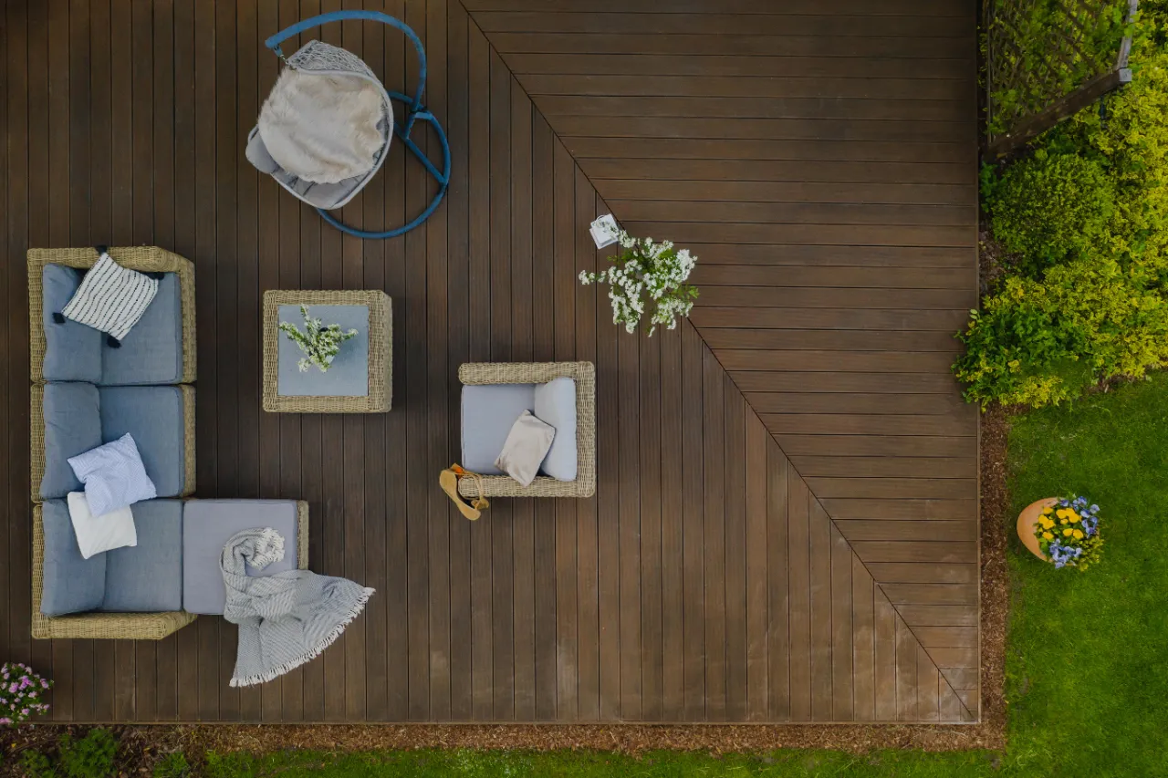 Stained wood deck seen from above